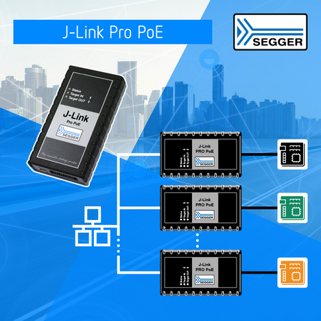 PR graphic J-Link PRO PoE including a test farm with three J-Link PRO PoE devices