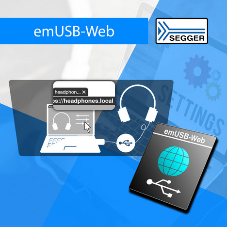 emUSB-Web icon, opened laptop with headphones connected via USB