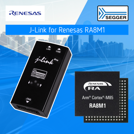 PR image for press release about J-Link for Renesas CM85, including black J-Link debug probe and Renesas chip