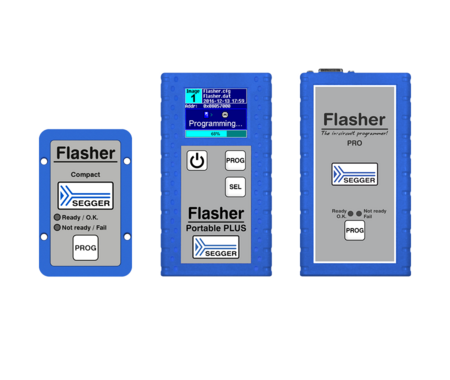 Images showing a piece of SEGGER's Flasher product portfolio showing Flasher Compact, Flasher Portable PLUS, and Flasher PRO