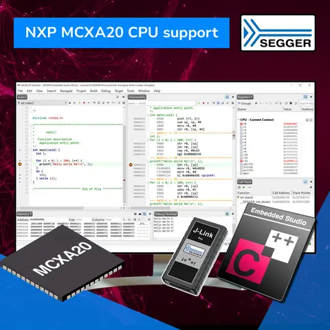 News graphic: Screenshot of Embedded Studio IDE in the back, Embedded Studio product icon and black J-Link in the front, black NXP chip on the left