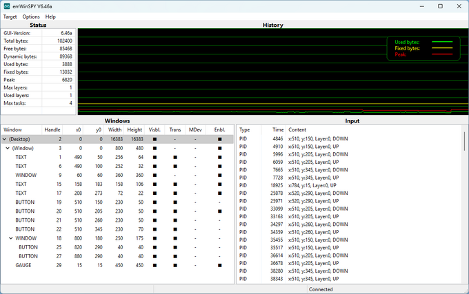 Runtime analysis of RAM usage with Window manager content of emWinSPY