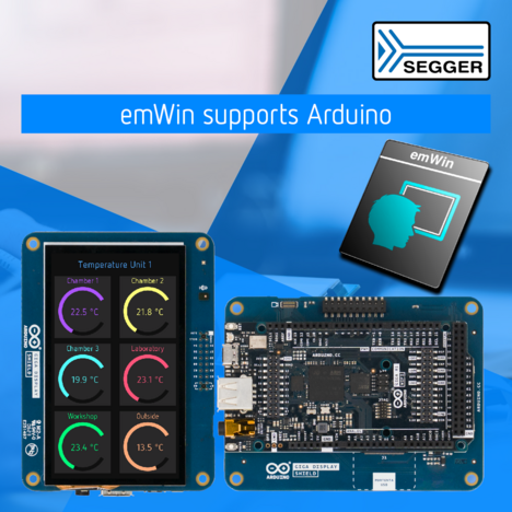 PR graphic: Arduino GIGA R1 board, demo shown on board, emWin product icon