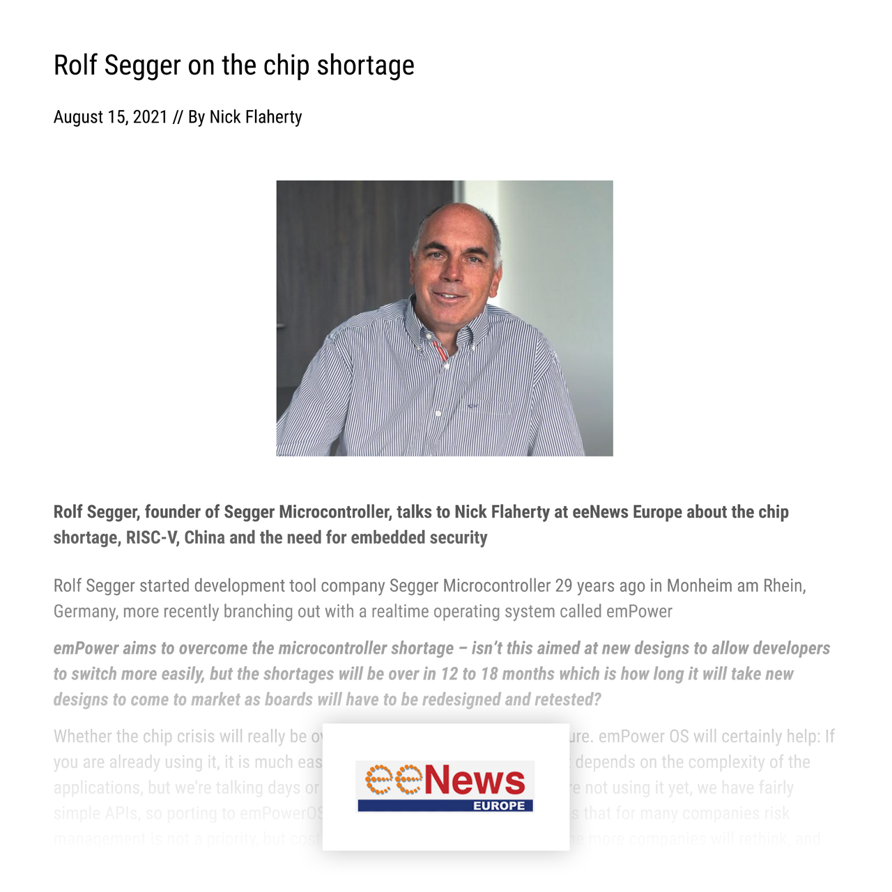 SEGGER Press: Rolf Segger on the chip shortage