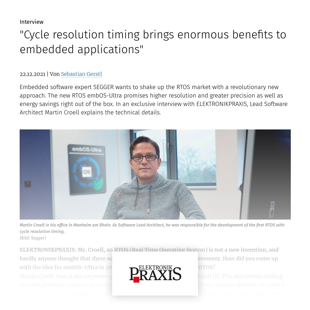 SEGGER Press: Cycle-resolution Timing brings enormous benefits to embedded applications