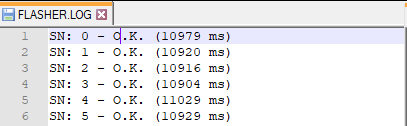 Screenshot showing Log File of emFTP for Flasher PRO, Flasher PRO XL, Flasher ARM