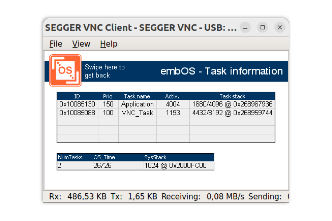 SEGGER VNC Client on Ubuntu connected over USB to a STM32F746-DISCO board running emVNC-Server virtual display playing product demo