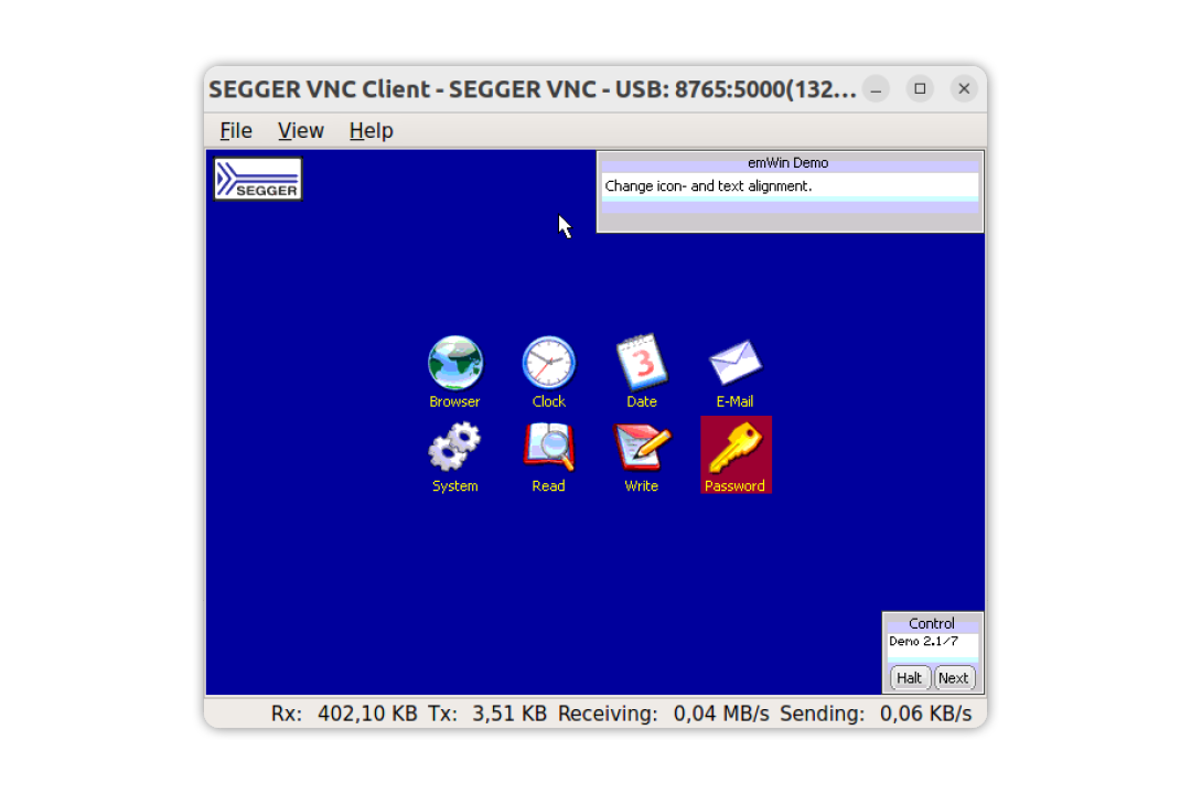 SEGGER VNC Client on macOS connected to STM32F746-DISCO board running emVNC Server virtual display playing SEGGER demo