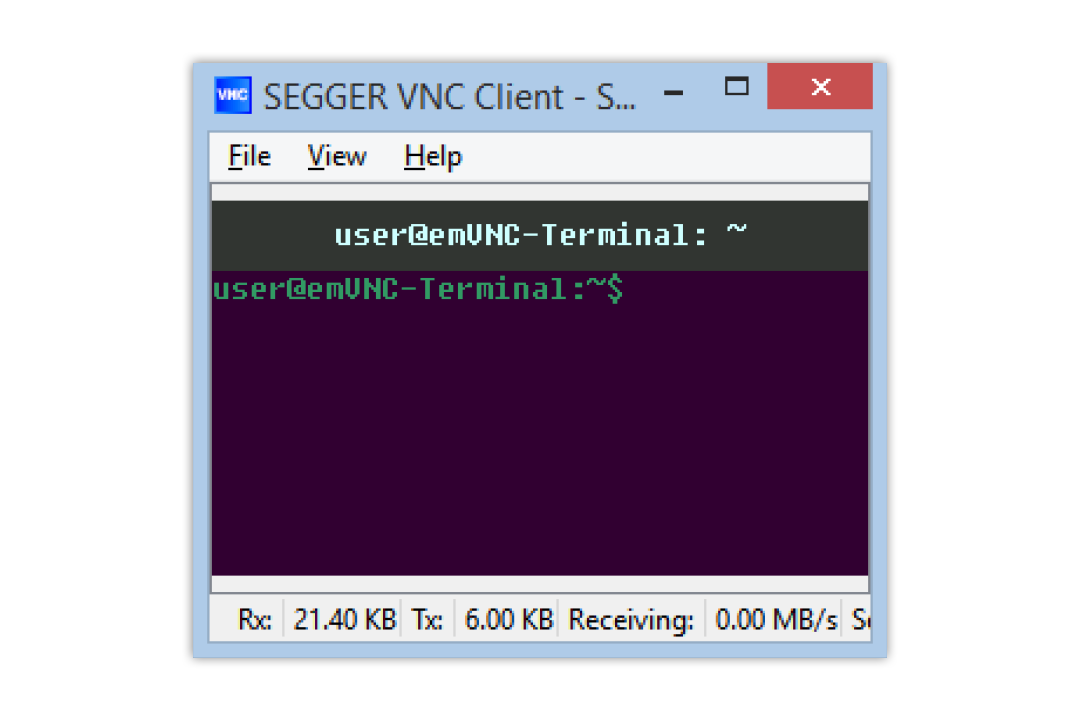 SEGGER VNC Client on Windows connected over USB to emPower board running emVNC Server virtual display playing terminal demo