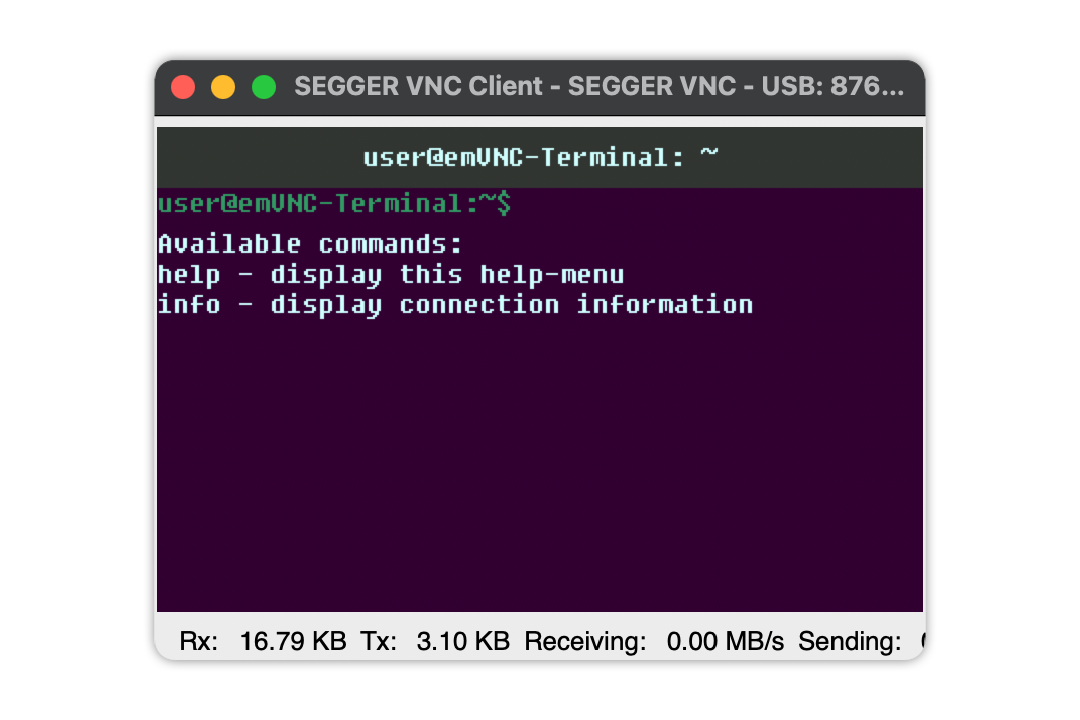 SEGGER VNC Client on macOS connected over USB to STM32F746-DISCO board running a emVNC Server virtual display playing terminal demo